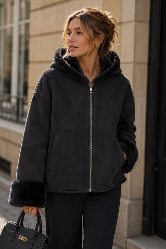 Veste à Capuche Fourrure/Effet Daim Réversible