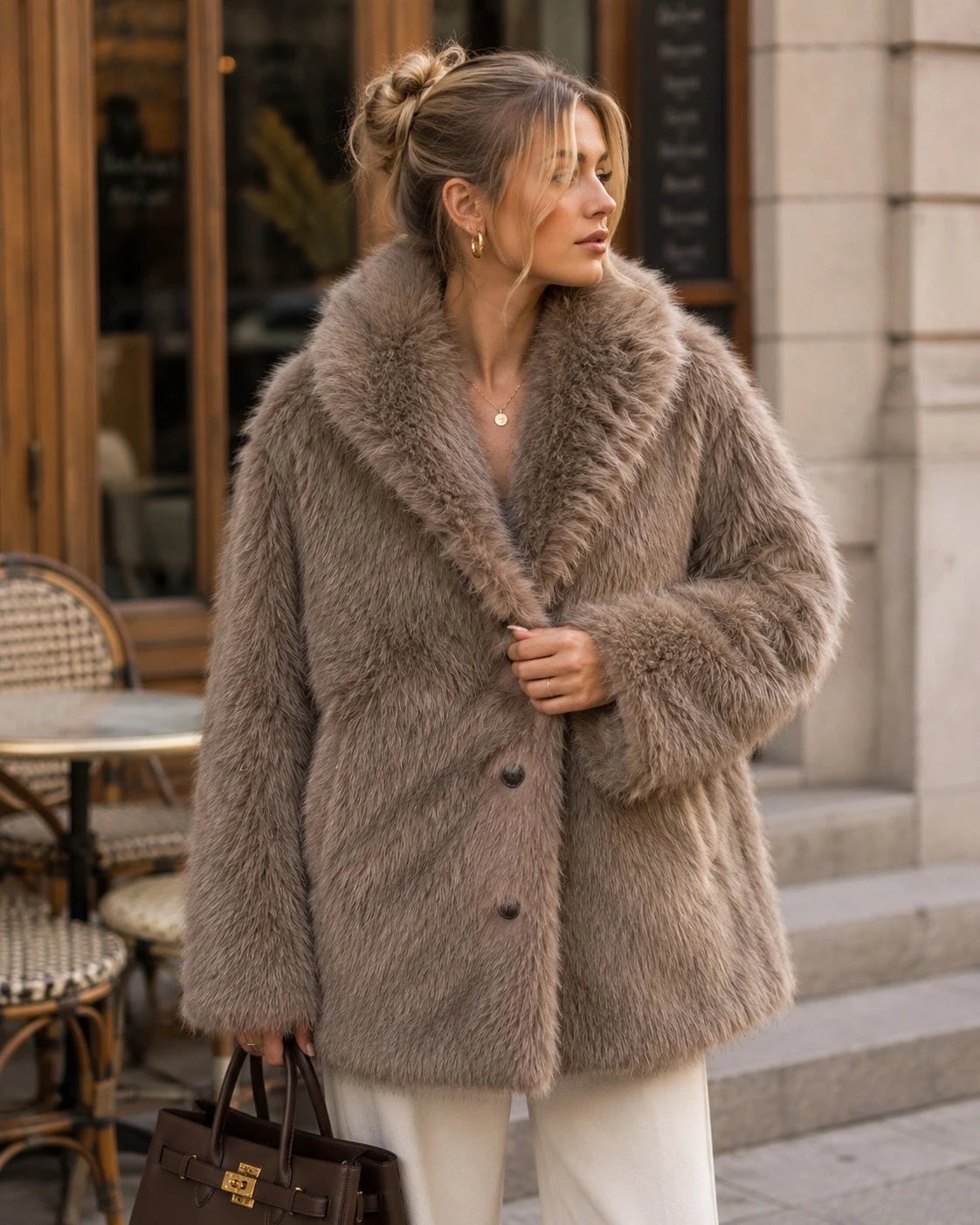 Manteau Fourrure/Effet Daim Mi-Long Réversible