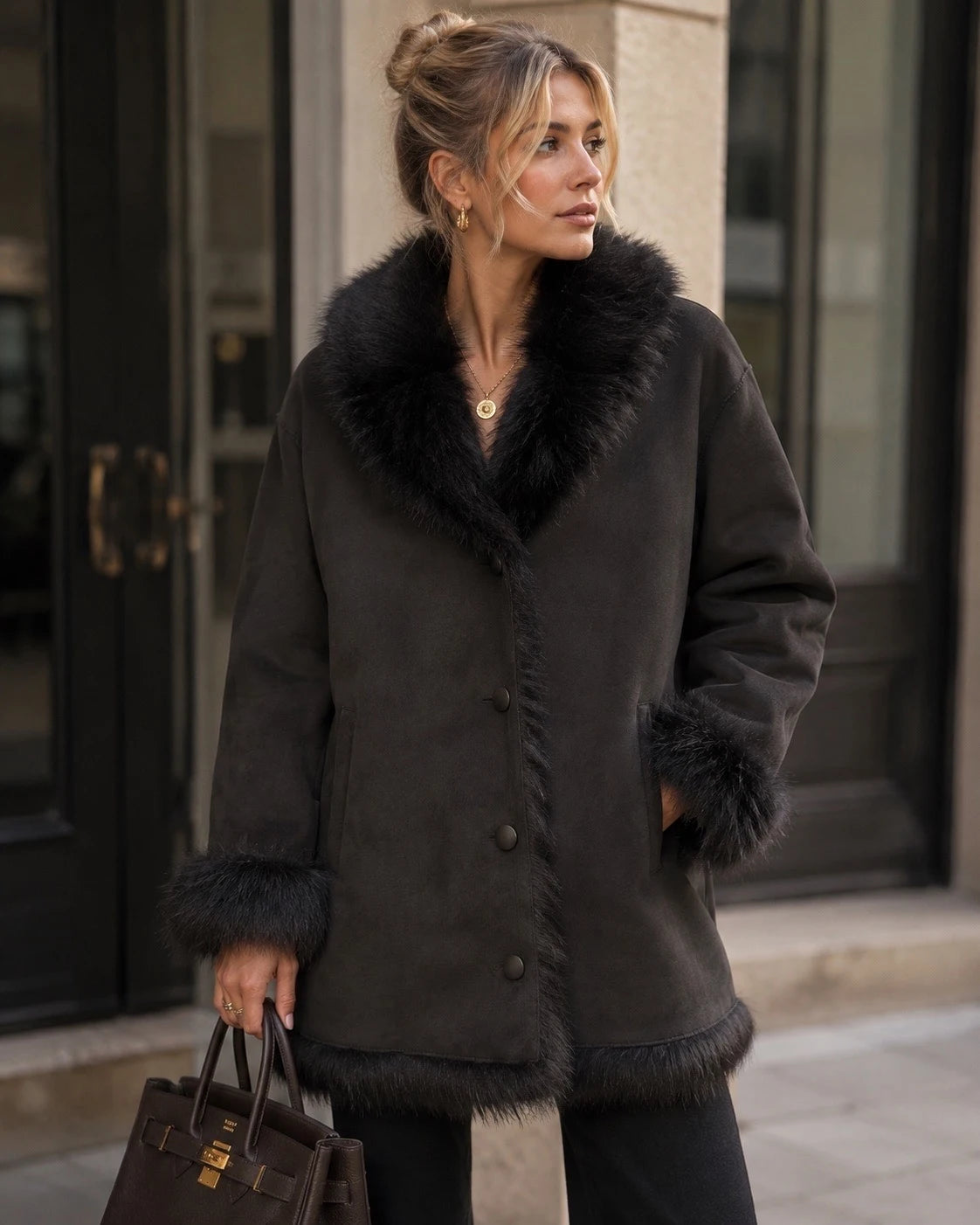 Manteau Fourrure/Effet Daim Mi-Long Réversible