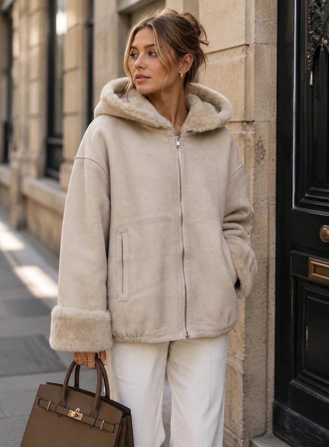 Veste à Capuche Fourrure/Effet Daim Réversible